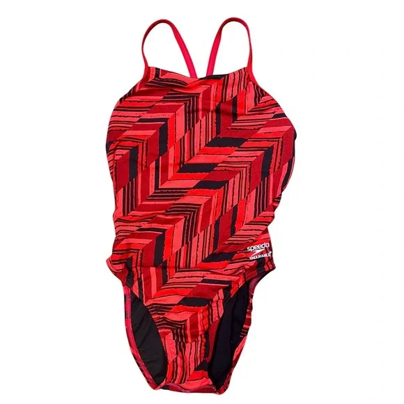 Speedo Endurance+ Angles Free Back One Piece Swimsuit Red Black Chevron Size 28 - Picture 2 of 10